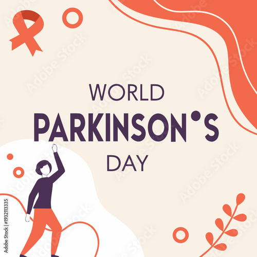 World Parkinson's Day vibrant graphic with person raising hand orange ribbon abstract shapes and floral accents