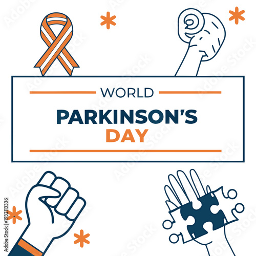 World Parkinson's Day celebration graphic with orange ribbon fists puzzle pieces and decorative elements for awareness