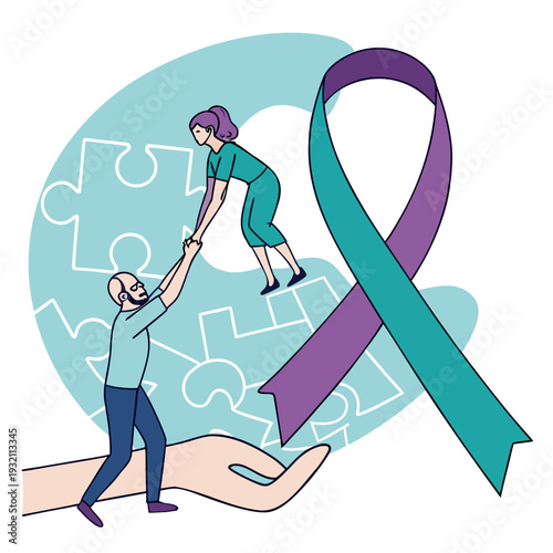 Parkinsons awareness ribbon with people helping each other and giant puzzle pieces symbol for medical research and community care in teal and purple