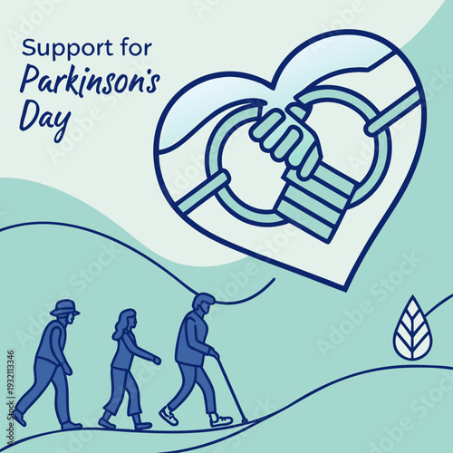Support for parkinsons day illustration showing group of people walking up hill and heart shaped hands symbol for neurological health and solidarity