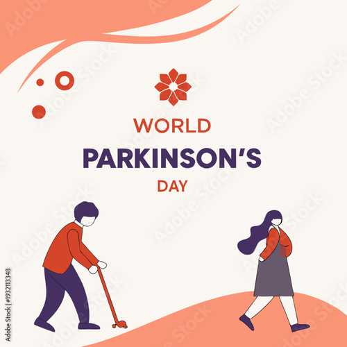 Elderly man with walking aid and woman on orange background for world parkinsons day awareness promoting mobility and care for senior citizens now