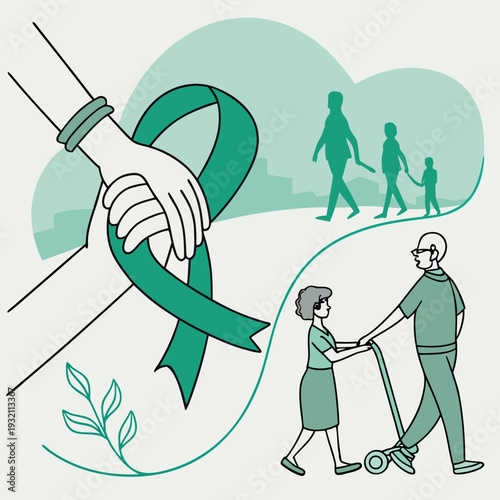 Illustration of support for parkinson's disease awareness with a hand holding a teal ribbon and people walking and pushing a stroller