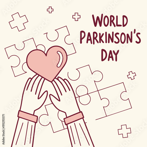 World parkinson's day illustration with hands holding a heart and jigsaw puzzle pieces with medical crosses