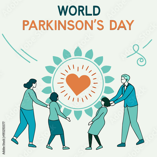 World parkinson's day illustration with people surrounding a heart in a sun-like symbol representing support and unity