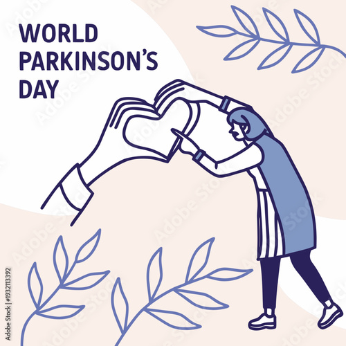 World parkinson's day illustration with a person forming a heart shape with hands and a large hand offering support