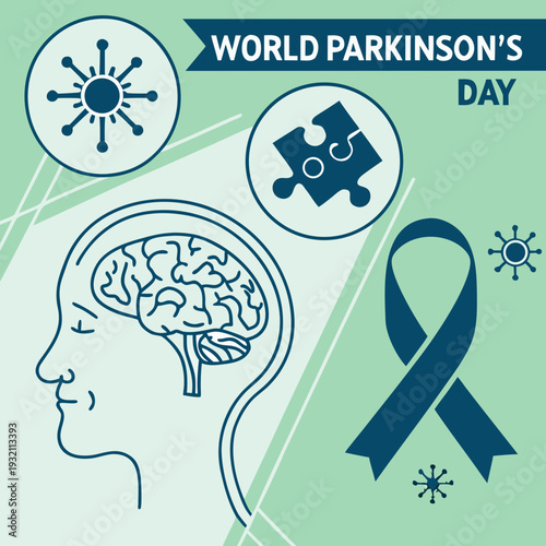 World parkinson's day with human head and brain illustration and puzzle piece, cell icon, and awareness ribbon