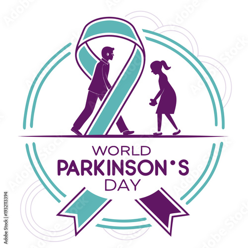 World parkinson's day with man and girl silhouettes with ribbon symbol and text on white background and circular elements