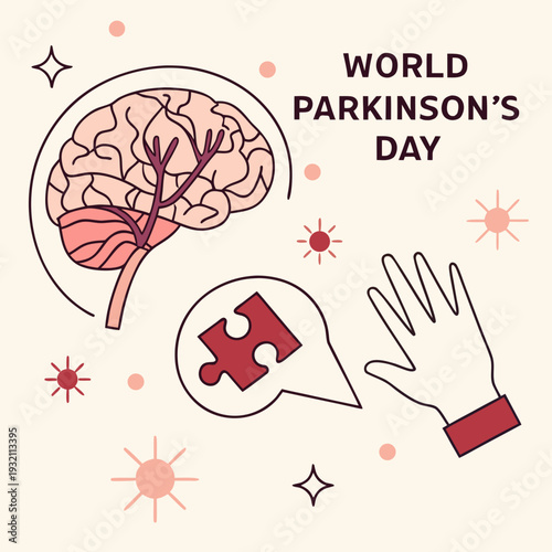 World parkinson's day with brain illustration and hand with puzzle piece on speech bubble and star elements on background
