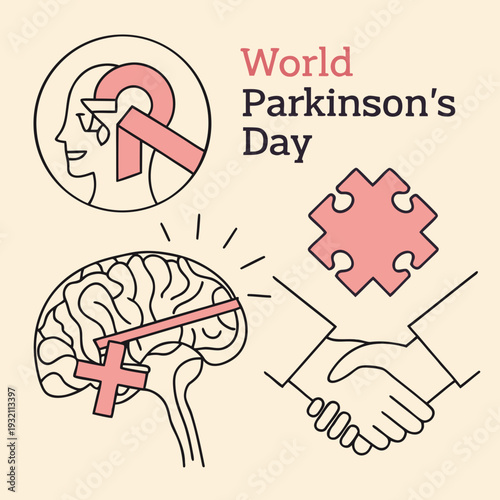World parkinson's day with brain and head illustrations and puzzle piece with handshake on beige background