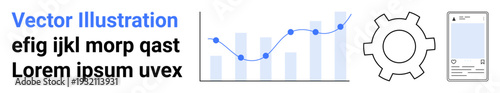 Bar chart with data line graph, gear icon, and mobile interface. Ideal for data visualization, app design, marketing, tech, analytics, digital tools simple landing page