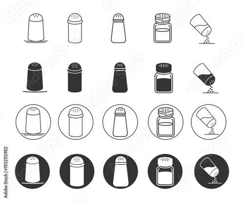 Salt Shaker Icon Set. Kitchen Seasoning Symbols. Line and Solid Fill Vector Collection, Black and White.