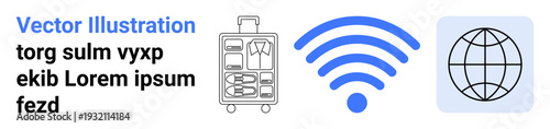 Travel planning, global connectivity, digital communication, networking, tourism, accessibility. Outline suitcase, wireless signal and globe icon. Travel planning and global connectivity concept