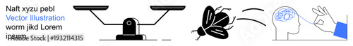 Balance, communication, mental health, ideas, knowledge, meditation. A scale, a flying insect and a head with a brain. Balance and communication through scales and mind imagery