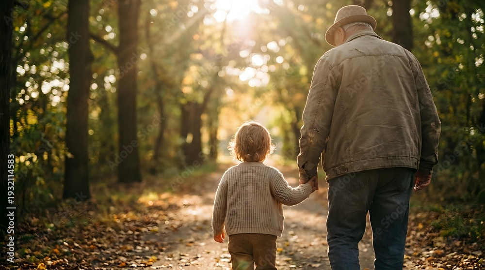 Fototapeta premium Grandfather and grandson walking hand in hand on forest path during golden hour sunset. Warm family bonding moment in autumn woodland setting.