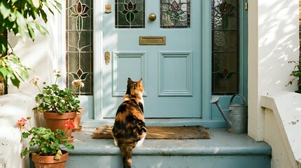 Calico cat sitting on doorstep of charming home with turquoise door and potted plants creating welcoming entrance scene for pet and lifestyle content.