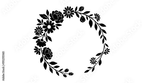 Modern Minimal Black Floral Circle Frame with Abstract Flower Silhouettes