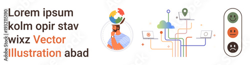 Artificial intelligence, cloud computing, feedback systems, decision making, technology interaction, data analysis. Person thinking with a globe, cloud and data streams, and reaction icons