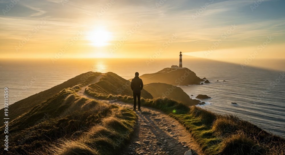 Obraz premium A lone man standing on a coastal cliff path at sunset looking towards a lighthouse on a distant headland overlooking the ocean