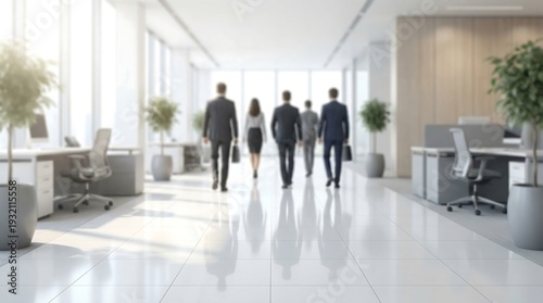 A group of blurred business professionals walks away down a bright, spacious, modern office hallway, featuring potted trees and elegant workstations.