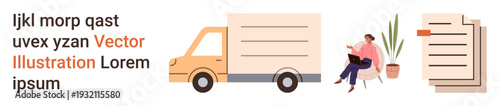 Logistics, remote work, document management, shipping, e-commerce, digital communication. A truck, a working person with a laptop and file icons. Logistics and remote work illustrated
