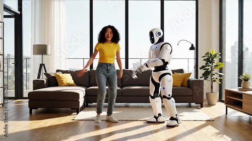 Living room with a lady and a robot dancing joyfully
