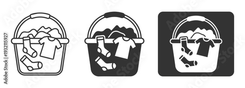 Laundry Basket Icon Set.Washing Clothes Line and Solid Black Vector Collection, Household Cleaning Symbols.