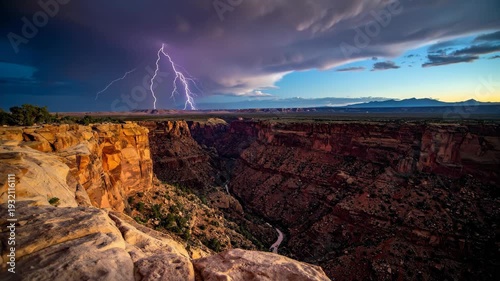 Dramatic Lightning Strike Over Grand Canyon at Sunset.