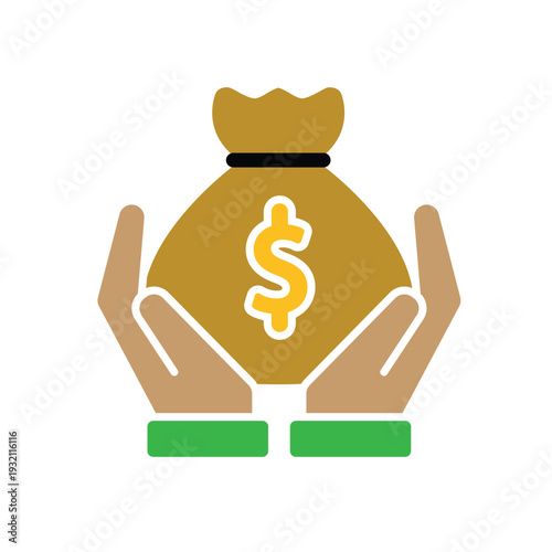 Income icon. Finance. Money bag with dollar symbol in d hand. Economics, business, accounting. flat design style