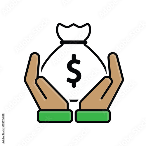Income icon. Finance. Money bag with dollar symbol in d hand. Economics, business, accounting. mixed design style