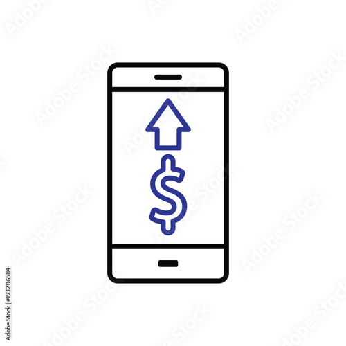 Digital payment icon. Finance. Dollar symbol on a mobile phone with an arrow. Economic, business, accounting. outline design style
