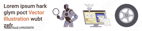 Technology innovation, cyber security, automation, AI development, data analysis, transportation design. Robot with magnifying glass, online interface and car wheel. Technology innovation and cyber