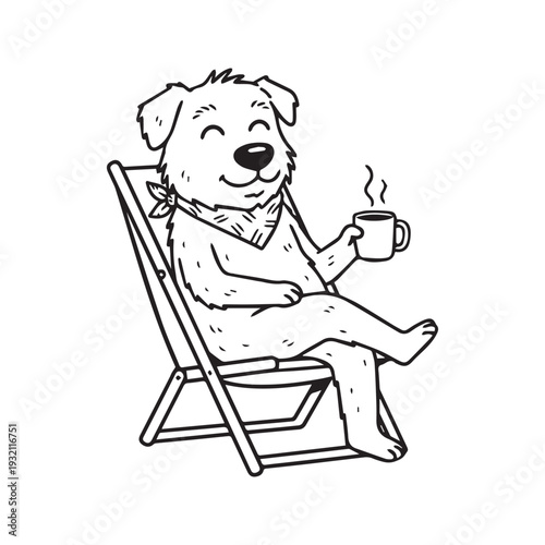 Cute line art illustration of a funny fluffy dog relaxing in a deck chair drinking hot coffee
