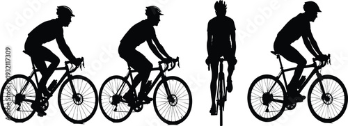 Cyclists riding bicycles, helmet safety, road biking silhouettes, sports training, fitness exercise, cycling competition, endurance athletes, outdoor activity, healthy lifestyle