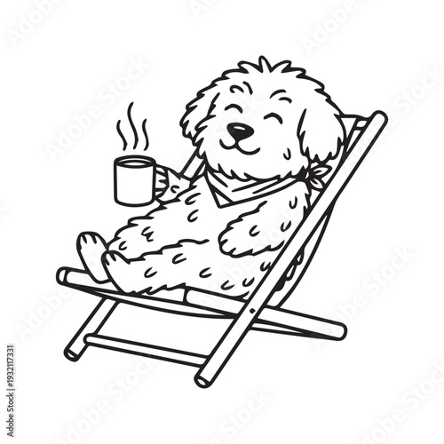 Cute line art illustration of a funny fluffy dog relaxing in a deck chair drinking hot coffee
