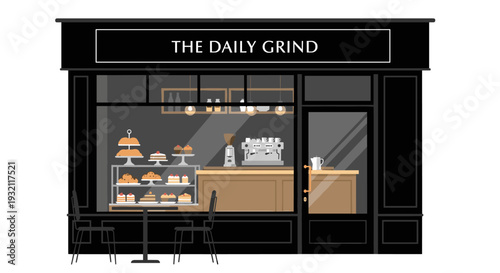 A modern black storefront with THE DAILY GRIND sign displays a coffee machine and pastries through large glass windows, with outdoor seating.