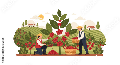 Two male farmers in straw hats harvest red coffee cherries from lush green plants on a terraced plantation under a sunny sky.