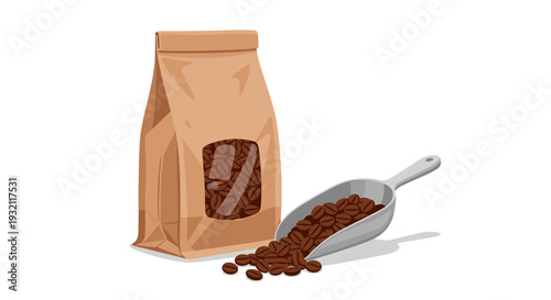 A brown kraft paper bag with a clear window showing coffee beans stands beside a silver metal scoop overflowing with roasted beans.