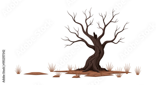 A single, gnarled, dead tree with twisted, bare branches and a broken trunk stands on cracked dry earth.