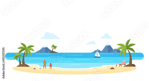 A tropical beach scene illustrates two palm trees, a mother and child playing, a sailboat, and distant mountains.