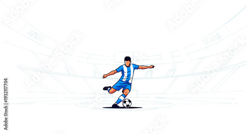 A stylized soccer player in a blue and white striped uniform kicks a ball on a white field with a faint stadium outline.