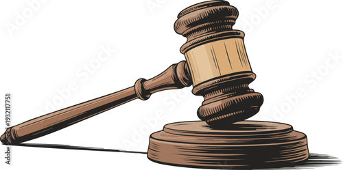 Detailed vintage woodcut style illustration of judge’s gavel resting on sound block with polished wooden texture and shading.