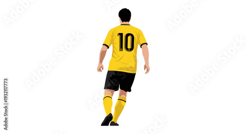 A male soccer player, viewed from behind, wears a yellow jersey with the number 10, black shorts, and yellow socks against a plain white background.