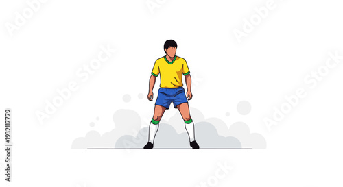 A male soccer player, dressed in a yellow jersey and blue shorts, stands front-facing on a subtle ground line against a clean white background.