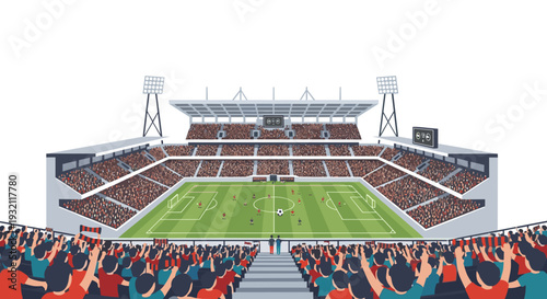 A wide, elevated view of a large soccer stadium filled with thousands of spectators watching a match on the green field.