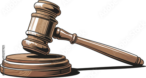 Detailed vintage woodcut style illustration of judge’s gavel resting on sound block with polished wooden texture and shading.