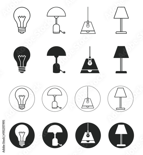Lighting Icons Set. Light Bulb, Table Lamp and Pendant Lamp Line and Solid Black.