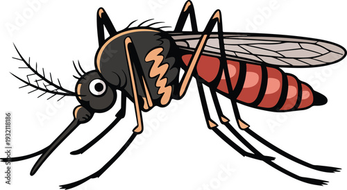 Cartoon mosquito side profile illustration with red and black striped body, transparent wings, and detailed segmented thorax.