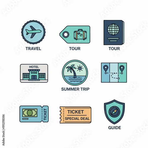 Modern flat line vector icons for global travel, tourism, and vacation planning services. A comprehensive set for agencies and trip bookings