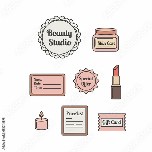 Modern vector icon set of beauty salon and spa essentials, featuring cosmetic products and service elements for a professional beauty studio business
