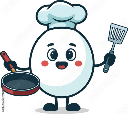 Cute anthropomorphic egg chef character holding frying pan and spatula in minimal kawaii outline vector style.